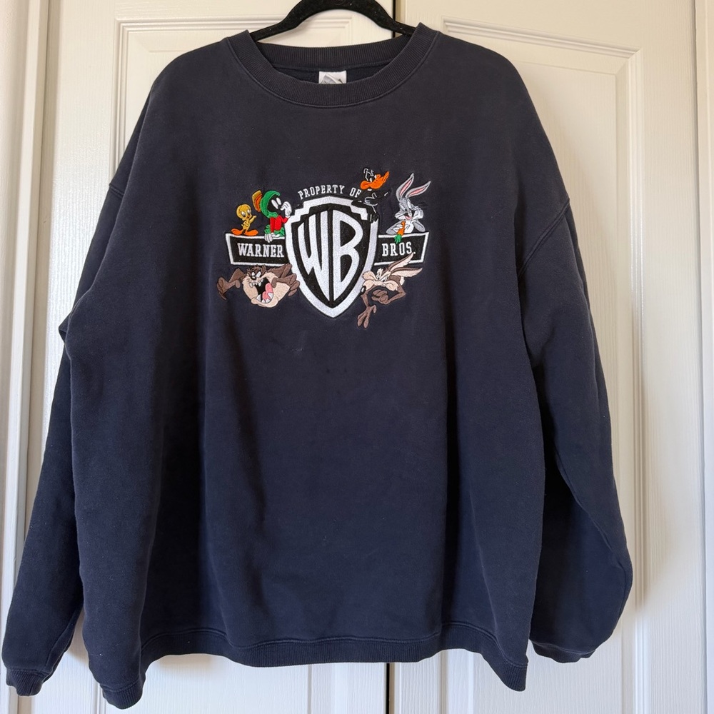 Authentic Warner Bros. Navy Crewneck Sweatshirt with WB Shield and Looney Tunes